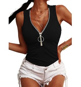 V-neck Zipper Sleeveless Fitted Tank Top V Neck Zip Sleeveless Silm Vest