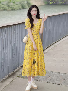 ANFEIQI | French Vacation Style Ruffle Waist Slimming Square Neck Long Dress