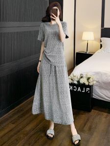 Summer Slimming Korean Style Two-Piece Set Womens Long Skirt with Drawstring Top And Half-length Skirt Cotton Casual Sportswear