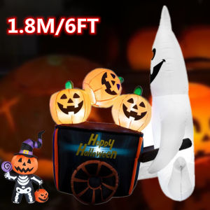 Halloween Inflatable 6FT Ghost Pushing Pumpkin Cartwith Build-in LEDs Blow Up Inflatables for Halloween Party Yard Outdoor Toy