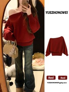YUEZHONGWEI | Red Asymmetrical Off-Shoulder Knitwear