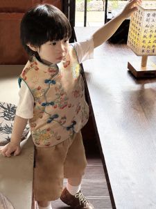 New Chinese Style Boys Vest Childrens Spring Fashion High-End Feeling Button down Tang Suit Jacket Trendy Kids Clothing