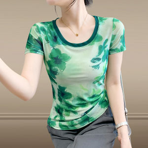 YIMEI Beautiful Sweet Positioning Printed Mesh Stretch Shirt 2025 New Summer Elegant Short Sleeve Round Neck Womens T-shirt