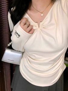 plus Size V-Neck Long Sleeve T-Shirt Waist-Cinching Base Layer Innerwear Outerwear Korean Style Slim Fit Youthful Solid Color