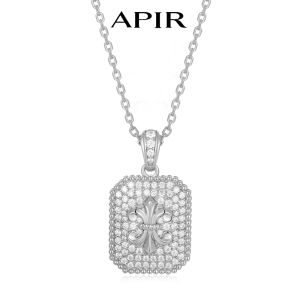 APIR Moissanite Square Pendant Necklace for Women S925 Silver Hypoallergenic Fleur-de-lis Necklaces Anniversary Jewelry Gift
