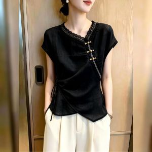KUNAILIN | V Neck Short Sleeve Black Lace Trim Tie Waist Summer Top