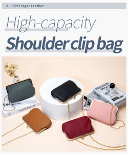 Large-Capacity Multifunctional Genuine Leather Clutch Using Lychee Pattern Design With Mouth Gold Clip and Chain Can Be Carried With One Shoulder or Crossbody