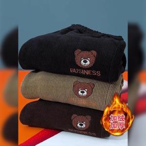 Womens Fleece Lined Corduroy Pants Bear Patterned Thick Warm Autumn Winter Style High Waist Long Commuter Style Casual Trousers