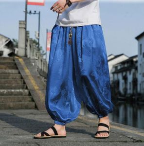 Ice Silk Dragon Dark Flower Printed Loose Bloomers Harem Pant Outdoor for Men Wide Leg Casual Trousers Gypsy Boho Aladdin Trousers Male