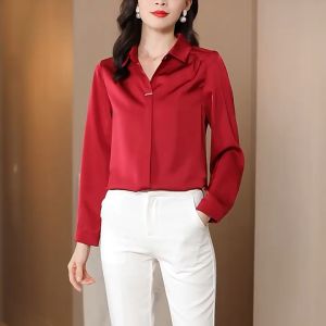 Tianshun Korean Style Long Sleeve Top Solid color Apricot Red Deep Blue Summer OL Casual Chiffon Top Womens Shirt