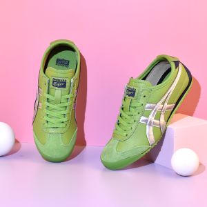 2024 Original Tiger Shoes for Men and Women Classic Retro MEXICO 66 Sports Shoes Fashionable and Comfortable Casual Shoes Soft Shock-absorbing Leather Shoes Green/silver