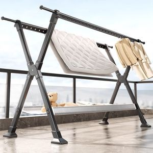 RORO ราวตากผ้า อลูมิเนียม+คาร์บอนสตีล พับได้ ปรับขนาด กันน้ำ กันสนิม พร้อมรูแขวนกันลม+ชั้นวางของ ลดราคา