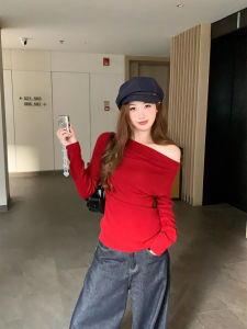 Elegant Off-shoulder Knit Top For Women Red Long Sleeve Slim Fit