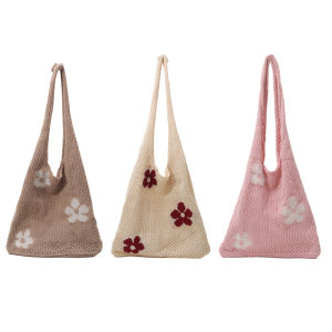Floral Shoulder Bag Lightweight Knit Female Bag Soft Aesthetic Knit Purse for Women