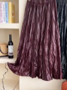 Autumn Winter PU Leather Womens Skirt High Waist 2024 New Solid Color Pleated Female Office Ladies Long Skirts Vintage