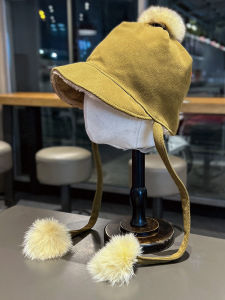 Real Rabbit Fur Ball Earmuffs Hat Womens Autumn and Winter Velvet Cold Protection Cold-Proof Ushanka 2024 K-style Shoelace Students Hat