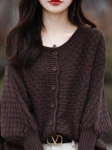 Áo Len Cardigan Dệt Kim Tay Áo Hình Con Chồn Dáng Rộng Thoải Mái Cổ Tròn Dài Tay Mùa Xuân Thu Màu Trơn Cotton