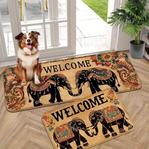VIKAMA Boho Elephant Welcome Letter Print Floor Mat Set Non‑Slip Waterproof Soft Rug for Entryway Kitchen Home Decoration