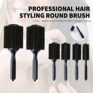 New 6 Sizes Black Wood Handle Boar Bristles Round Hair Brush Removable Tail Hairdressing Brush Pro Salon Barber Hair Round Comb