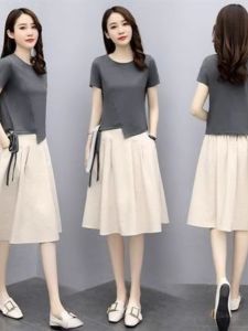 Fashionable Trendy Loose Slimming Half-length Elegant Two-piece Set Summer 2025 Womens Polyester Fiber round Neck Short Sleeve