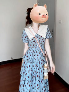 PEIZIXUAN | French Collar Blue Floral Dress