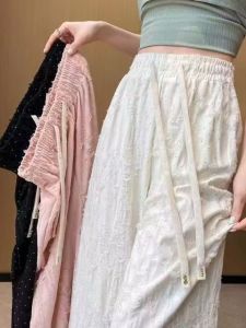 High Waist Casual Pants Womens Drawstring Wide Leg Floor-Length Pants Tear Design Glittering Diamond Comfortable Breathable