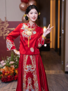New Chinese Style XiuHuo Wedding Dress for Women Long Sleeve Polyester Fabric Embroidery Design Vintage Style Slimming Gown