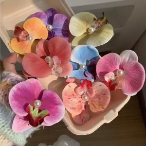 Artificial Orchid Flower Butterfly Hair Clips for Woman Girls Phalaenopsis Pearl Duckbill Hairgrips Hairpins Hair Accessories