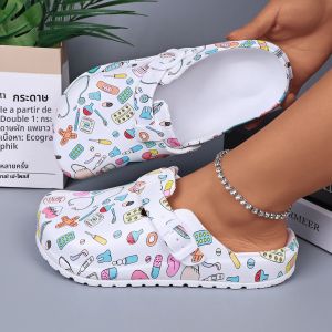 รองเท้าแตะแบบสวมสำหรับผู้หญิง ลายพิมพ์ พื้น EVA กันลื่น เหมาะสำหรับใส่ทำงาน พื้นนุ่ม ปรับสายรัดได้ ปิดนิ้วเท้า รองเท้าใส่ในบ้าน