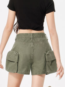 QIAOMIDUO | Summer Workwear Style Green Denim Shorts Womens High Waist Wide Leg Pocket Super Short Pants Casual Thin Cotton Spring Summer