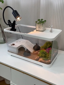 Turtle Habitat Tank Acrylic Turtle Aquarium with Basking Platform Lamp Perfect for Aquatic Decor