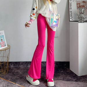 กางเกงขายาวทรงหลวมเอวสูงสำหรับผู้หญิง กางเกงขายาวทรงหลวมสีแดงสด สไตล์ลำลอง เอวยางยืด กางเกงขายาวทรงหลวมบาง