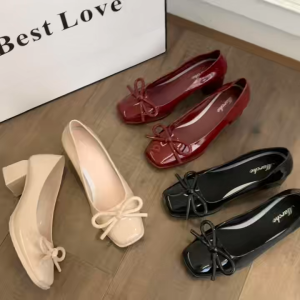 Marche Womens Patent Leather Bow Square Toe Block Heels Elegant Mid-Heel Pumps