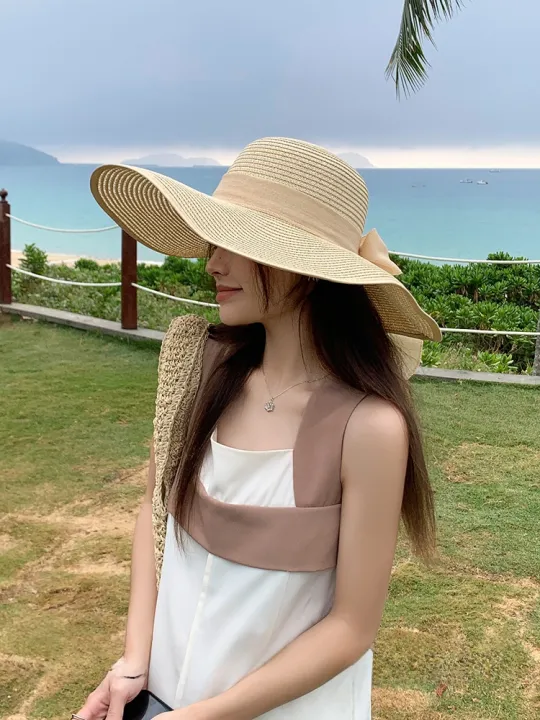 Summer%20Womens%20Sun%20Ultra%20Large%20Brim%20Foldable%20Sunscreen%20Beach%20Vacation%20Hat%20Casual%20round%20Top%20Youth%20Suitable%20Butterfly%20Knot%20-%20Image%202
