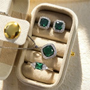 Huitan Green Jewelry Set for Women 3PCS CZ Bridal Sets with Necklace Earrings Ring Elegant Wedding Party Accessories Gift