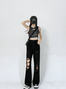 กางเกงยีนสีดำทรงพอง เหมาะสำหรับทุกโอกาส มีในสต๊อก#V6602