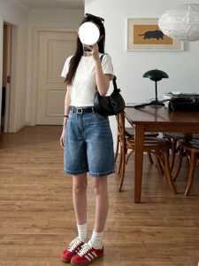 กางเกงขาสั้นผ้ายีนส์ทรงห้าส่วนเอวสูงสไตล์อเมริกันย้อนยุคสำหรับผู้หญิง กางเกงขายาวทรงเอขาบานทรงตรงทรงเข้ารูป