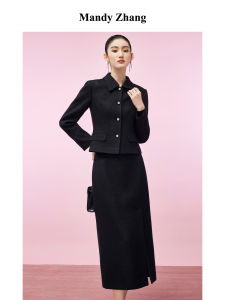 Black Wool Small Lady Style Suit Set Bow Waist Accent Short Jacket