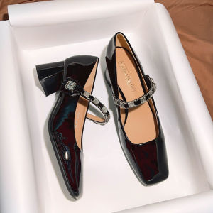 สิทธิบัตรย้อนยุค หนัง Mary Jane ผู้หญิง รองเท้าส้นหนารองเท้าเดี่ยว ฤดูใบไม้ผลิ ฤดูใบไม้ร่วง สไตล์ฝรั่งเศส เรียบหรู รองเท้าส้นสูงหัวเหลี่ยมหัวเหลี่ยมหนึ่งแถว