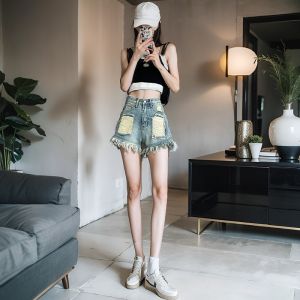 กางเกงขาสั้นยีนส์ขาดๆ สไตล์ฤดูร้อน ทรงเอ กางเกงขาสั้นผู้หญิงเอวสูง ทรงหลวม กางเกงยีนส์ทรงเข้ารูปแบบเรียบง่าย