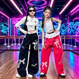 Girls Group Jazz Dance Outfits Trendy Lace Patchwork Long Sleeves Top Cargo Pants K-Pop Hip-hop Dance Performance Costume 5-15 Years