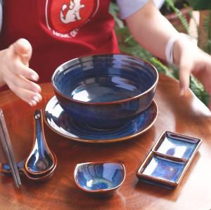 Tô phở bát đựng canh salad bằng sứ men hỏa biến Bát Tràng cao cấp - màu lam biếc và gấm phong cách Bắc Âu