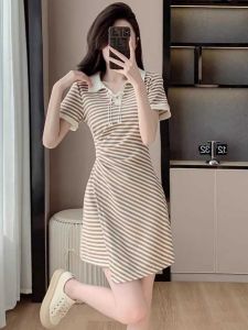 Small Stripes Frog Button Short Sleeve Dress Womens Summer 2024 New Arrival Silm Waist-Tight T-shirt Skirt A- line Short Skirt