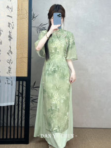 Green Mountain New Chinese Style Ao Dai Qipao Slim Fit Vintage Improved Dress Summer New Arrival Girls Long Qipao Daily Wear Polyester Fiber