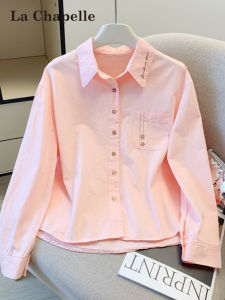 La Chapelle | College Style Embroidered Pink Long Sleeve Shirt Loose Fit Youthful Short Petite