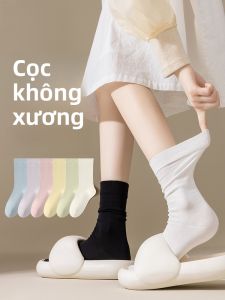JINGCHI | Tất cotton mỏng mùa hè cho nữ Tất cao đến bắp chân bằng cotton nguyên chất Tất dài đến đầu gối màu trắng mới Tất phong cách đơn giản
