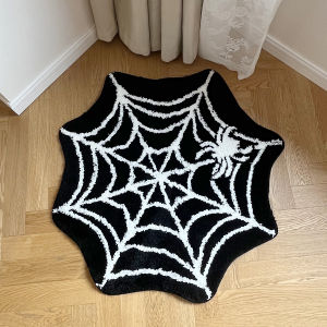 Black Spider Web Halloween Tufting Rug Funny Bathroom Decor Spooky Gothic Bath Mat Non-Slip Tufted Mat for Front Door Living