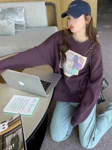 Áo Nỉ Cổ Tròn Màu Tím Phong Cách Hàn Quốc Dành Cho Nữ Mùa Xuân Thu Mới Rộng Rãi Lười Biếng Thời Trang Cổ Điển in Họa Tiết Áo Phông