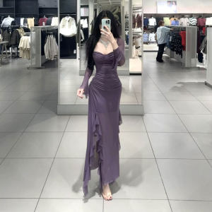 CHANGTONG | Seductive Socialite Style French Design Purple Sheer Long Dress