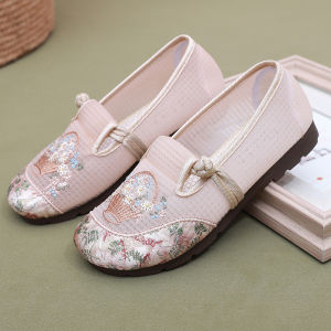 SHIPAILUO | รองเท้าผ้าปักลายดอกไม้สไตล์ปักกิ่งสำหรับผู้หญิง รองเท้าสวมสบาย ส้นแบน พื้นนุ่ม รองเท้าผ้าใบแบบสวมสบายสำหรับผู้สูงอายุ